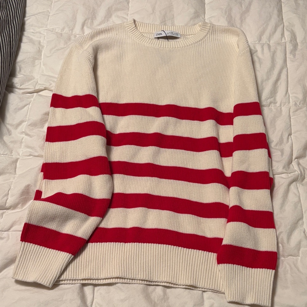 Zara Cream and Red Striped Crewneck Sweater